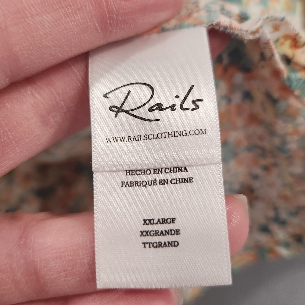Rails XXL Womens Ditsy Floral Tie Neck Blouse Peach Green Cotton Balloon Sleeve - Picture 8 of 9